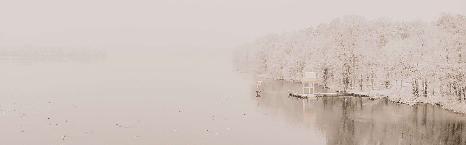 <p>Dahme im Nebel mit Steg am Ufer aus der Vogelperspektive</p>